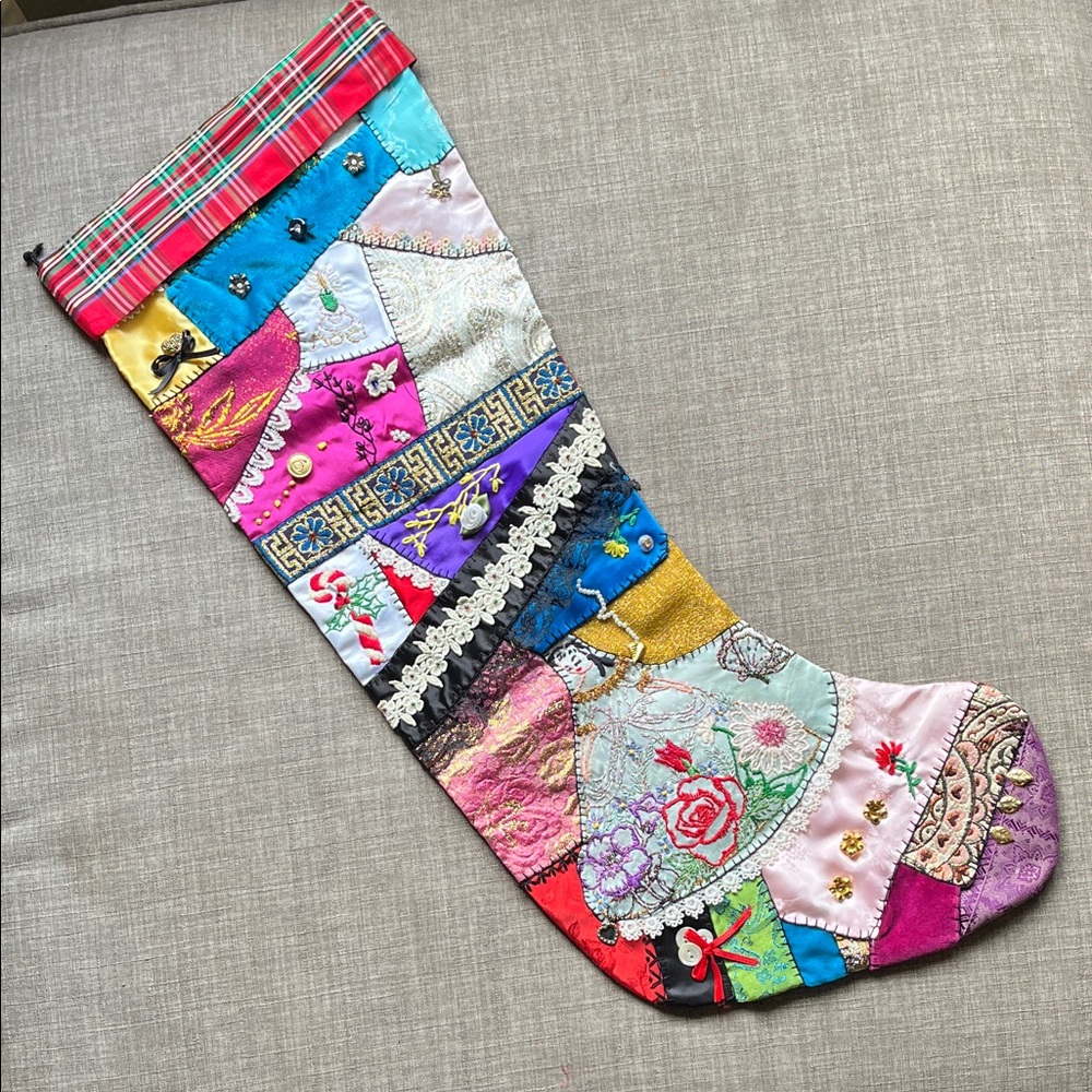 Vintage Embroidered Memory Crazy Quilt Patchwork Stocking Unique Handmade